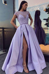 Lavender Satin A-line Beaded Long Prom Dresses, Evening Dresses With Slit
